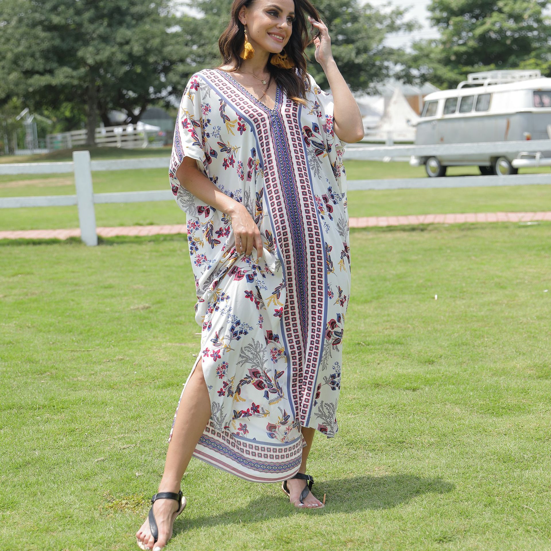 Transfronterizo Amazon deseo europeo y americano casual suelta túnica vacaciones vestido largo playa blusa Batwing manga robe 5d95