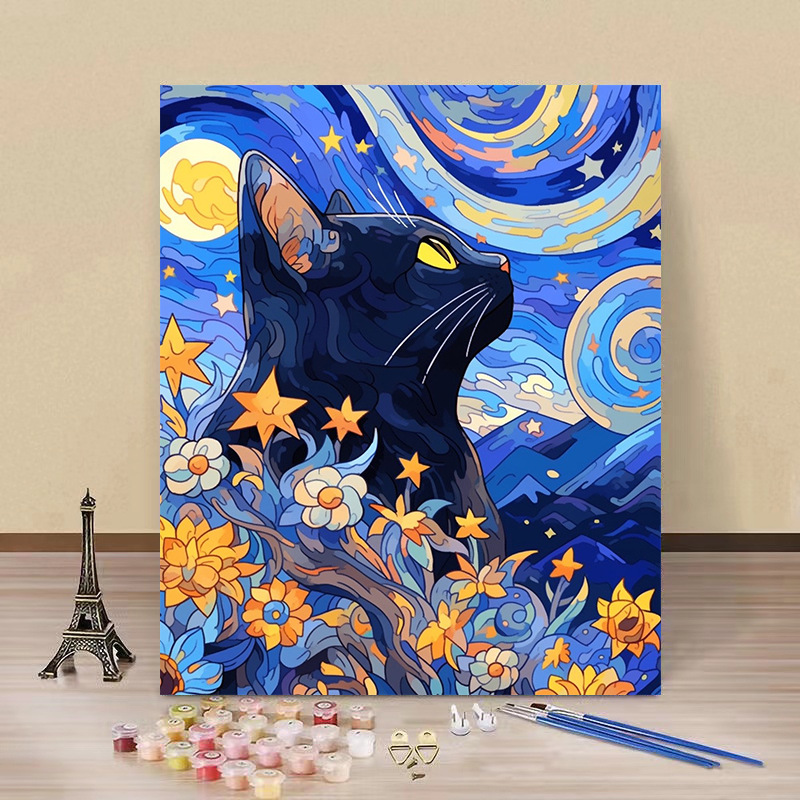 Pintura por números “Gato Estrellado” — arte DIY de fábrica al por mayor, estilo Van Gogh, flores y paisajes hechos a mano