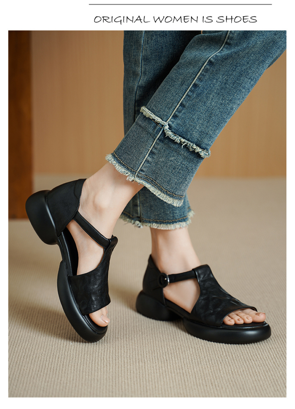 Sandal nữ da cừu mềm đế dày hở mũi, quai chữ T, gót thấp 3 cm, dán ma thuật — Vàng nâu chi tiết 5