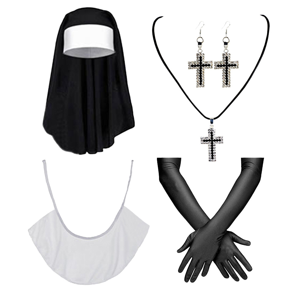 Halloween sexy cosplay monjas juegan disfraz ropa pañuelo calcetines collar crucifix set