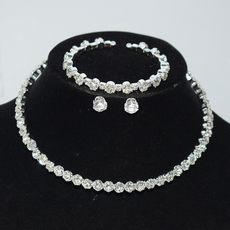 Bridal jewelry single-layer gold and silver collar bracelet earrings three-piece rhinestone claw chain jewelry necklace suit 2155