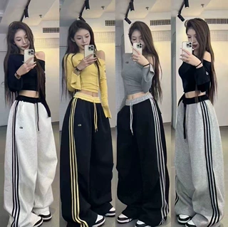 直三杠华棉卫裤女秋冬新款美式休闲阔腿裤潮流时尚高腰显瘦直筒裤
