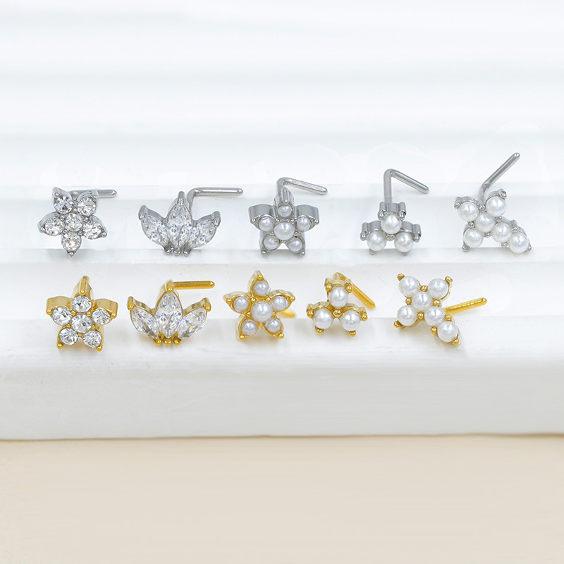 Classic Pearl And Zircon Petal Nose Stud In Stainless Steel_voghion.com