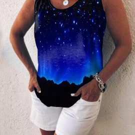 亚马逊2023夏季 3D扎染星空印花休闲无袖运动健身圆领背心