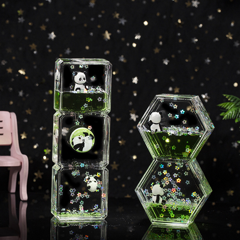 Acrílico transparente panda gota de aceite reloj de arena líquido botella de arena flotante regalo de cumpleaños para niños decoración de escritorio de oficina