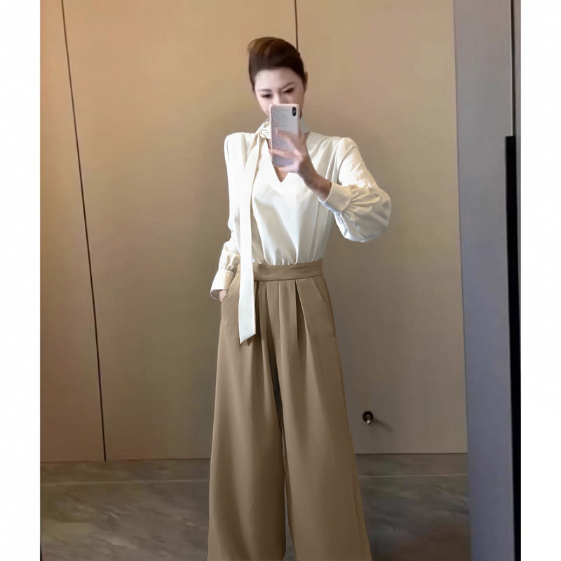 漂亮套装2025春秋新款设计感时尚休闲飘带v领衬衫+阔腿长裤两件套|undefined