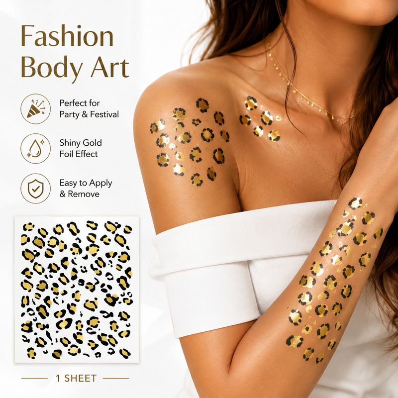 Cross-Border Leopard Print Tattoo Stickers, Gold Foil Temporary Tattoo Stickers, Party Festival Decoration Stickers, Waterproof Fashion Stickers