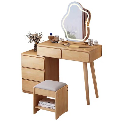 Light Luxury Solid Wood Dressing Table with Mobile Chest of Drawers, Integrated Makeup Desk, Simple & Multi-Functional Storage Cabinet, Plus Built-in Lighting