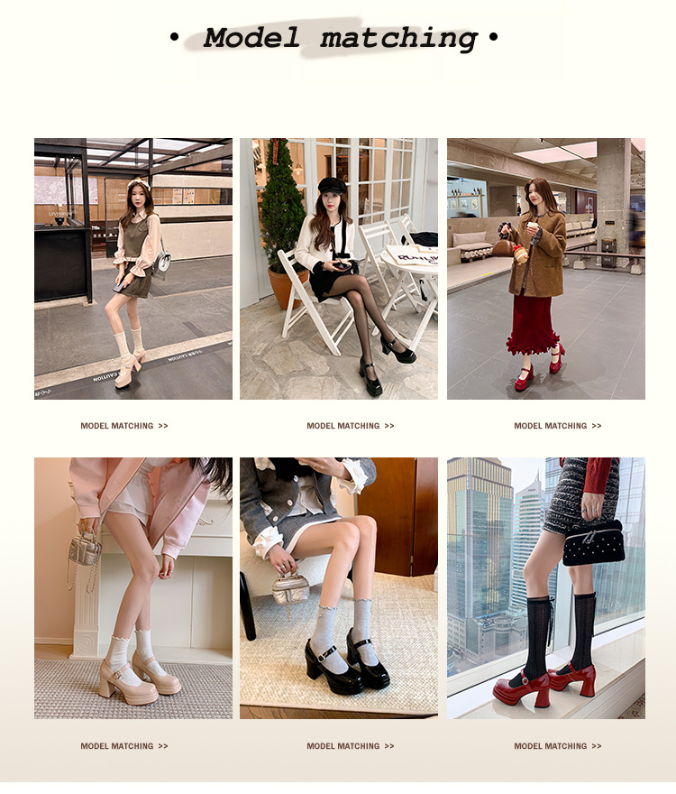 Giày cao gót Mary Jane đế xuồng mũi vuông phong cách cổ điển — Trần truồng hồng, màu đen, màu đỏ chi tiết 5