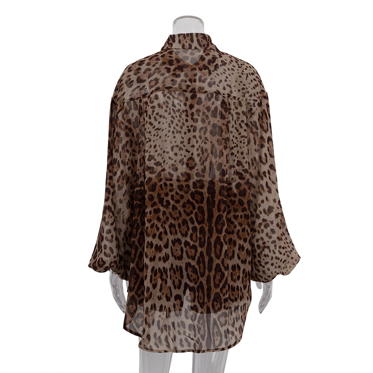 Vacation Summer Leopard Print Loose Outfit Sexy See through Long Sleeves Shirt Shorts Two Piece Set