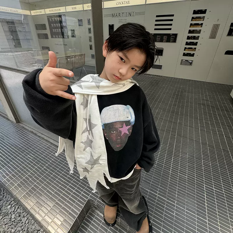 2025秋冬儿童一体绒炒色卫衣数码男童印花潮牌中大童跨境衣服批发