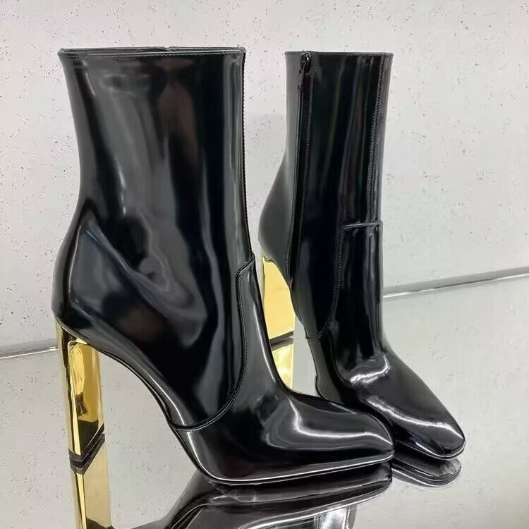 Electroplated Metal and Mirror-Shine Patent Leather Pointed-Toe Short Boots with Side Zipper, Cowhide Ultra-High Heel Fashion Boots, Stiletto Heel, Non-Slip