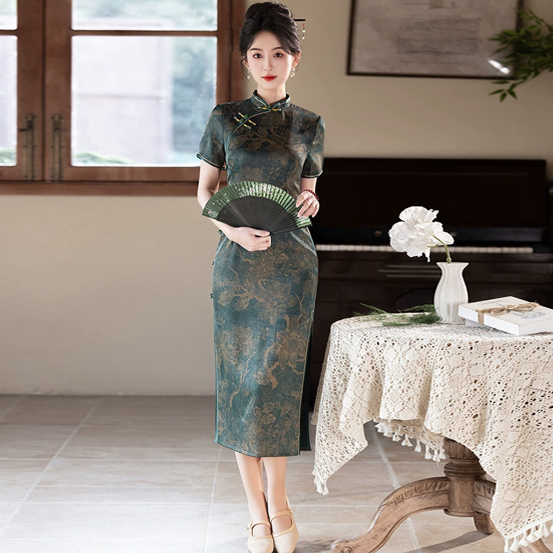 Новый улучшенный чонсам весной и летом 2025 года длинный молодой темперамент имитация уксусной кислоты двухслойный ретро старый шанхайский чонсам