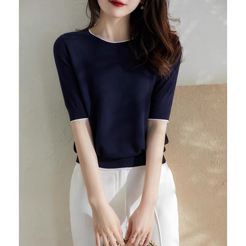 Women's short-sleeve t-shirt, French-style top, loose-fitting, slimming, stylish, navy blue, women's summer top, fairy-style knit shirt Women's short-sleeve t-shirt, French-style top, loose-fitting, slimming, stylish, navy blue, women's summer top, fairy-style knit shirt