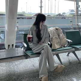 大码秋季休闲运动套装女慵懒风宽松卫衣显瘦阔腿裤两件套