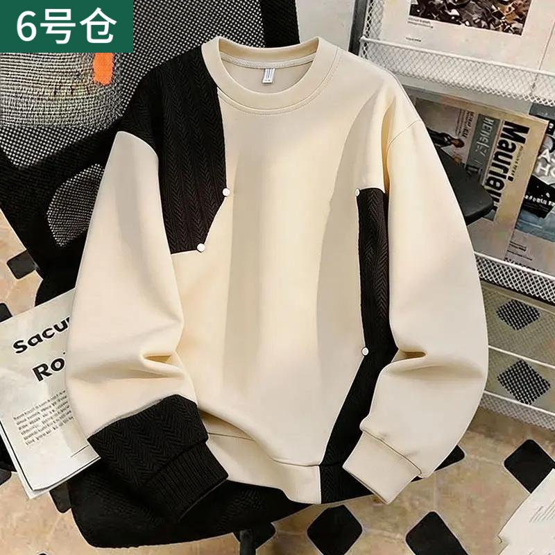 2026 Spring and Autumn New American Style Color-Block Round Neck Sweatshirt for Men, Loose Casual Long Sleeve Top