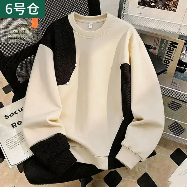 2026 Spring and Autumn New American Style Color-Block Round Neck Sweatshirt for Men, Loose Casual Long Sleeve Top