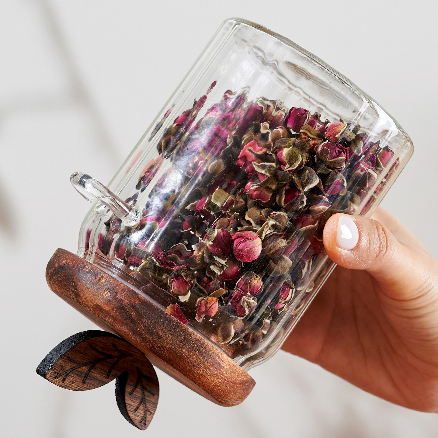 Cocina doméstica vidrio transparente sellado tanque con cuchara Acacia cubierta de madera de té tanque de almacenamiento a prueba de humedad condimento tanque de almacenamiento