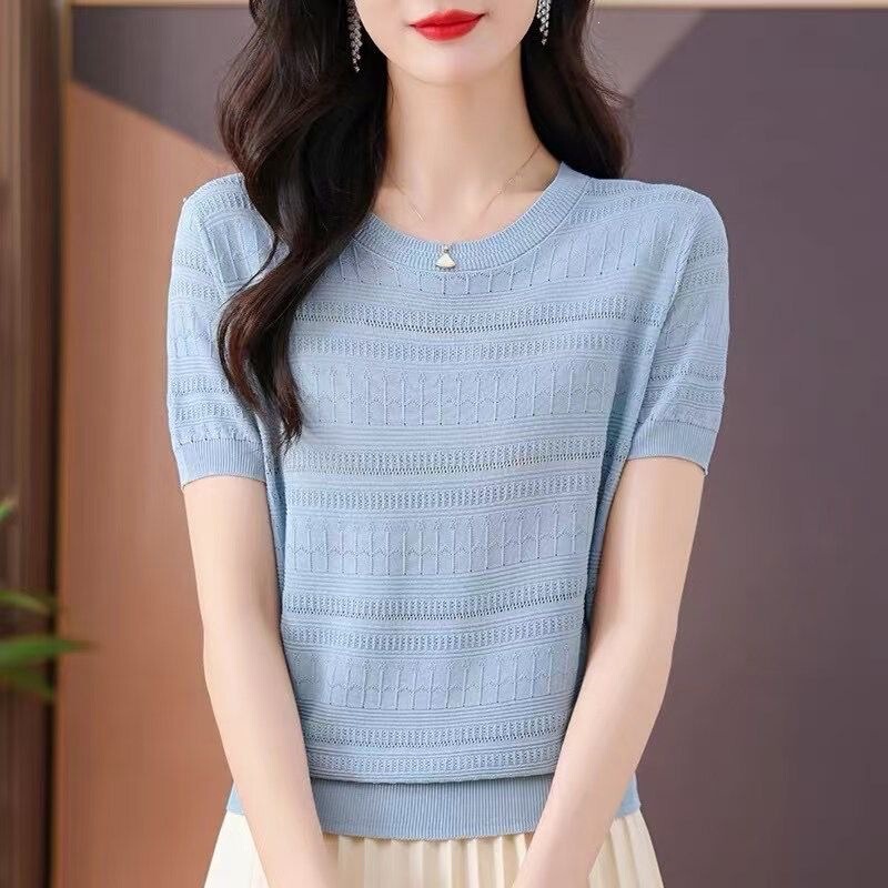 [Brand Selection] Round Neck Hollow Out Thin Stylish Top for Women, Ice Silk Knit Short Sleeve T-Shirt, Short Style for Summer