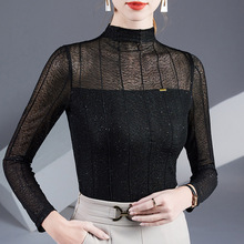 春季新款半高领纱衣体T恤女上衣洋气长袖弹力网纱打底衫女小衫