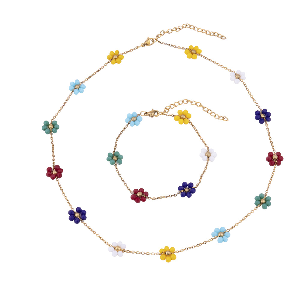 Neuer frischer, süßer handgefertigter DIY-Schmuck aus Edelstahl, Armband-Halskette mit Kristallblume, vielseitig und modisch_voghion.com