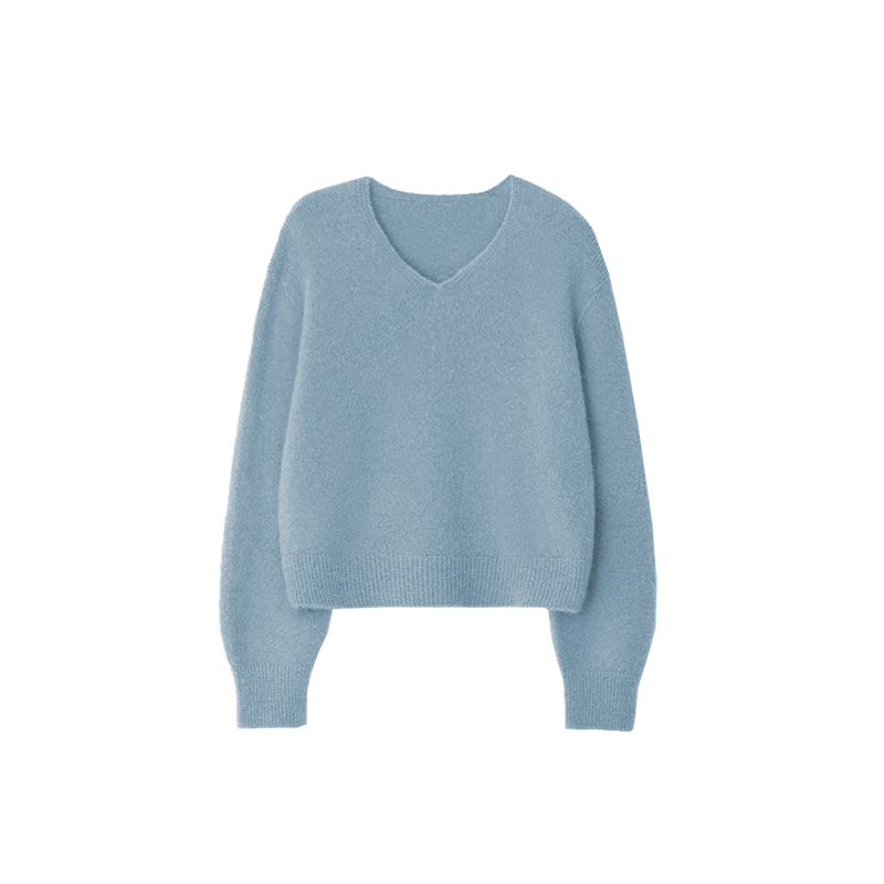 프랑스 스타일 우아한 풀오버 스웨터 여성의 V 넥 기모 따뜻한 토끼 모피 탑 봄과 가을 새로운 느슨한 단색 스웨터