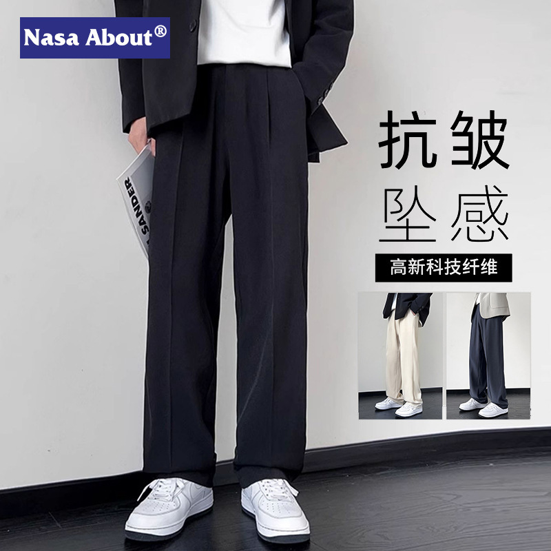 NASA Trousers Thin Leg Men's Black Straight High-end Spring and Autumn Boys Casual Fleece-lined Pants Simple Loose Trendy