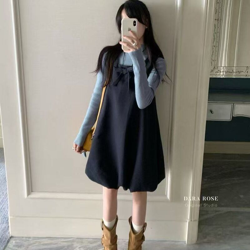 New Slim-Fit Half-High Collar Base Shirt + Sweet Bow-Decorated Suspender Dress Set in Woolen Fabric