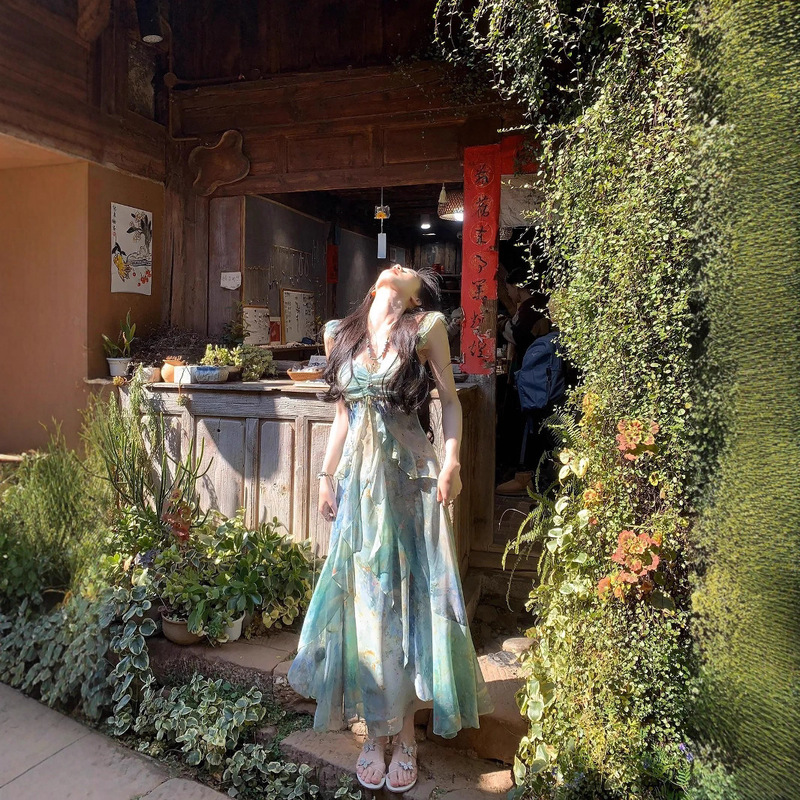 [Summer Floating in the Forest] 2025 Spring and Summer New Design Temperament Resort Style Printed Bohemian Fairy Dress