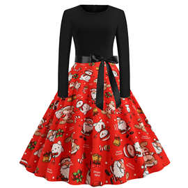 1204#实拍现货亚马逊复古赫本风圣诞节印花拼接长袖大摆连衣裙送