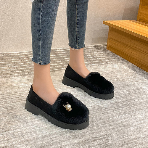 Women's Winter Outerwear Hiking Shoes 2024 New Fuzzy Rabbit Hair Cotton Shoes Thick Heel Thick Sole One-Piece Bead Shoes