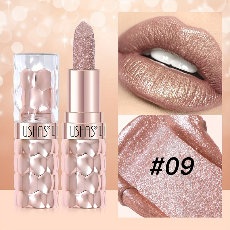 USHAS European and American Cross-border spot lápiz labial nacarado taza impermeable y antiadherente lápiz labial fino hidratante de larga duración UC012A B