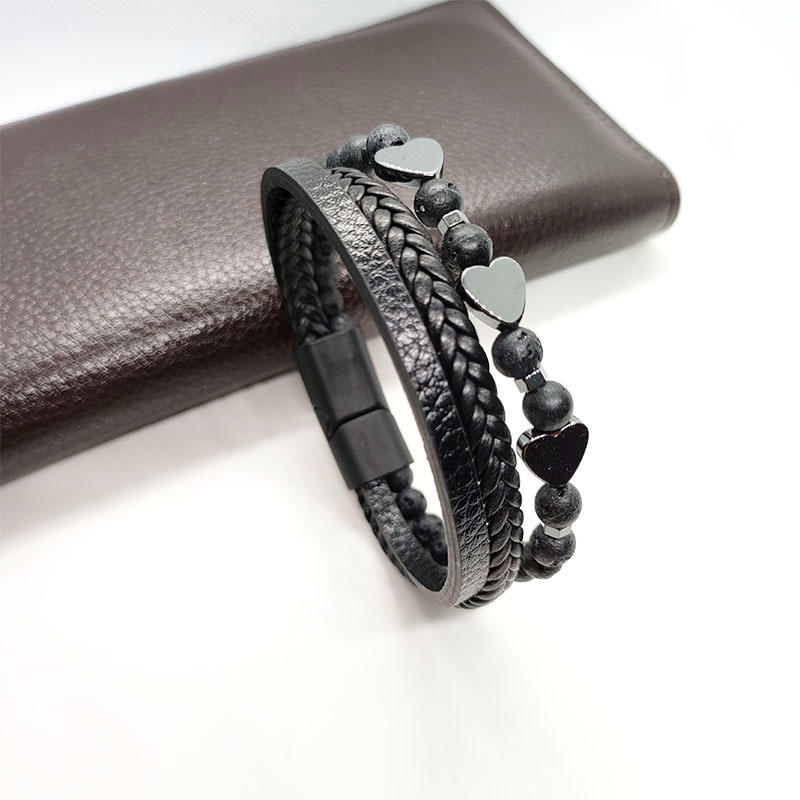 29g Weight Bracelets Classification Leather Rope Chain Material Twisted Rope Chain Chain Type 1 Piece Quantity Holiday, Daily Occasion Alloy, black gallstone Material Heart Shape Pattern All Seasons Season Men's Gender Retro Style Retro Heart Shape Alloy Black Gallstone Men's Bracelets Men Cord & Leather Bracelets 12