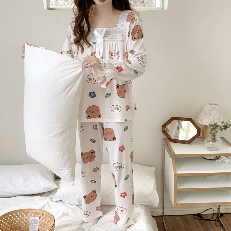 Estilo coreano japonés dulce ins primavera y otoño pijamas de las mujeres algodón manga larga traje más tamaño 240kg portátil homewear