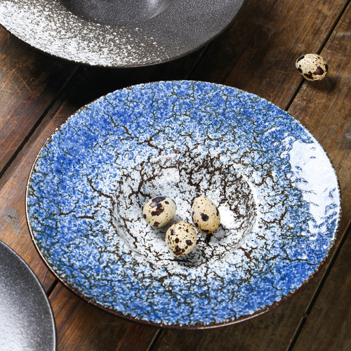 Wholesale pasta straw hat plate commercial pasta western salad plate Japanese retro ceramic plate flying saucer round deep soup plate