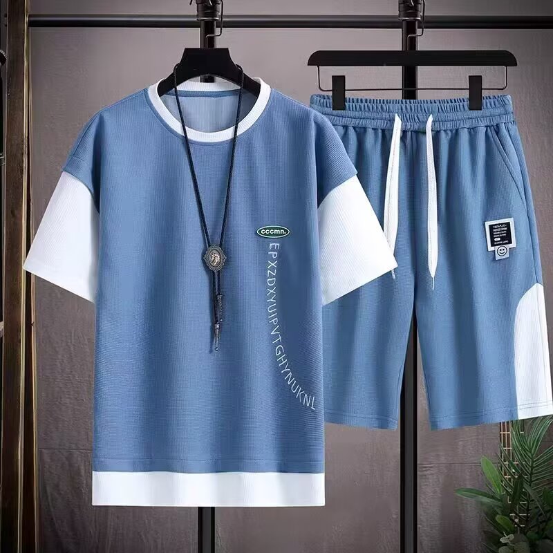 Men's Sporty Casual Set Short Sleeve Tee & Printed Shorts Outfit, Lightweight Polyester Comfort For Gym And Street Style_viptrois.com