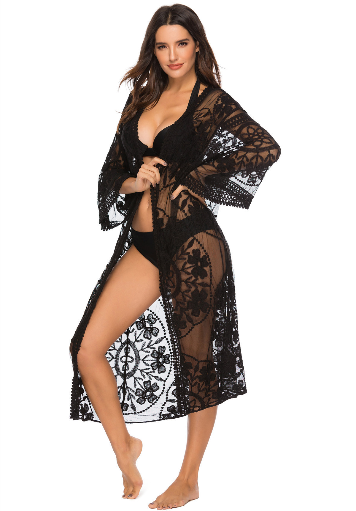 Cruz-Frontera de encaje de las mujeres bikini exterior cardigan estilo fiesta playa blusa sol protección ropa