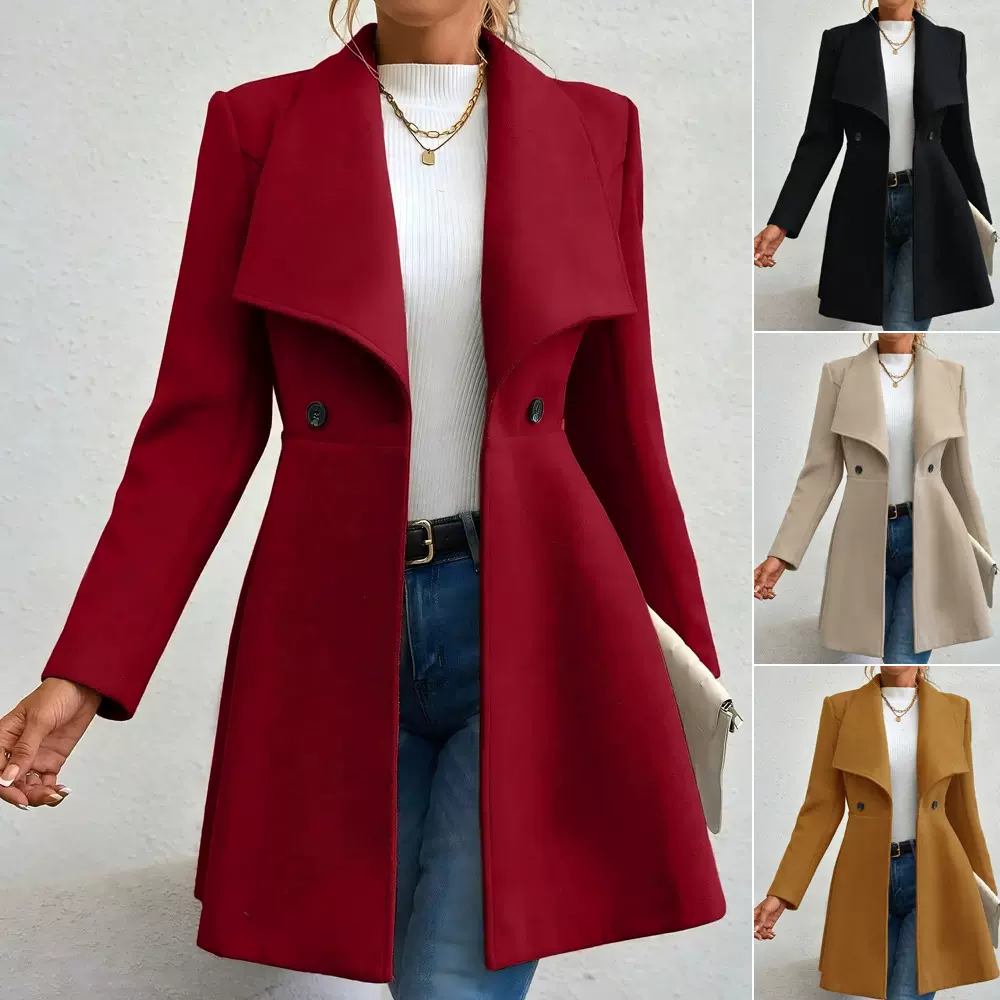 亚马逊欧美跨境2025秋冬爆款女式毛呢外套纯色翻领双排扣呢子大衣