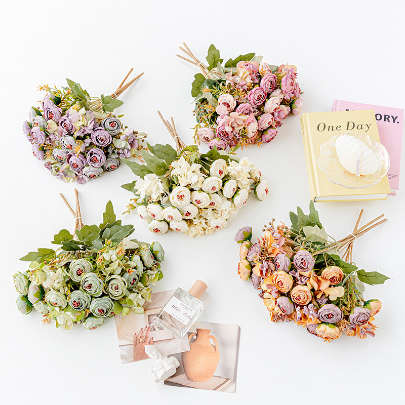 Baked Edge Retro Tea Bud Hydrangea Simulation Green Plant Flower Bouquet Fake Flower Simulation Flower Decoration Flower Rose Flower Arrangement Artificial Flower