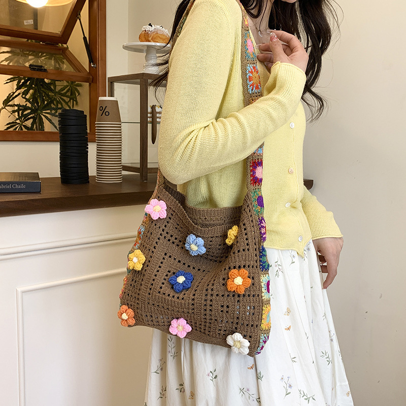 大容量通勤高級感のある花のトートバッグ女性2025新作春夏透かし編みニットバッグ片肩編みバッグ|undefined