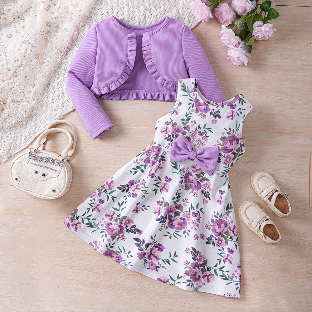 Vêtements pour enfants EW Nouveau produit pour filles Printemps et automne Robe imprimée Ensemble cardigan tricoté TZ828-C_voghion.com