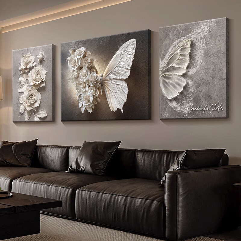 Black and White Butterfly Living Room Decorative Painting with Relief Three-Dimensional Effect, Sofa Background Wall Hanging Painting, Abstract Triptych Mural Black and White Butterfly Living Room Decorative Painting with Relief Three-Dimensional Effect, Sofa Background Wall Hanging Painting, Abstract Triptych Mural