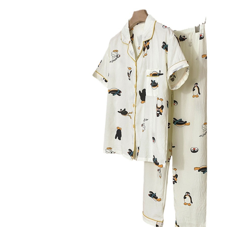 2024 nuevo suelto pingüino nubes algodón tres piezas de verano delgado mangas cortas pantalones cortos pantalones largos set de ropa para el hogar