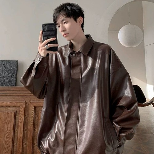 Vintage American leather jacket for men, suitable for spring and autumn, with a sense of sophistication and cool style, trendy casual loose PU lapel jacket