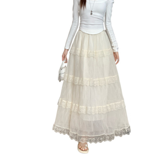 Spring 2025 High-Waist Slimming Lace Tiered A-Line Dress Sweet Matchable Medium-Length Dress High-Waist Umbrella Skirt Trendy Dress