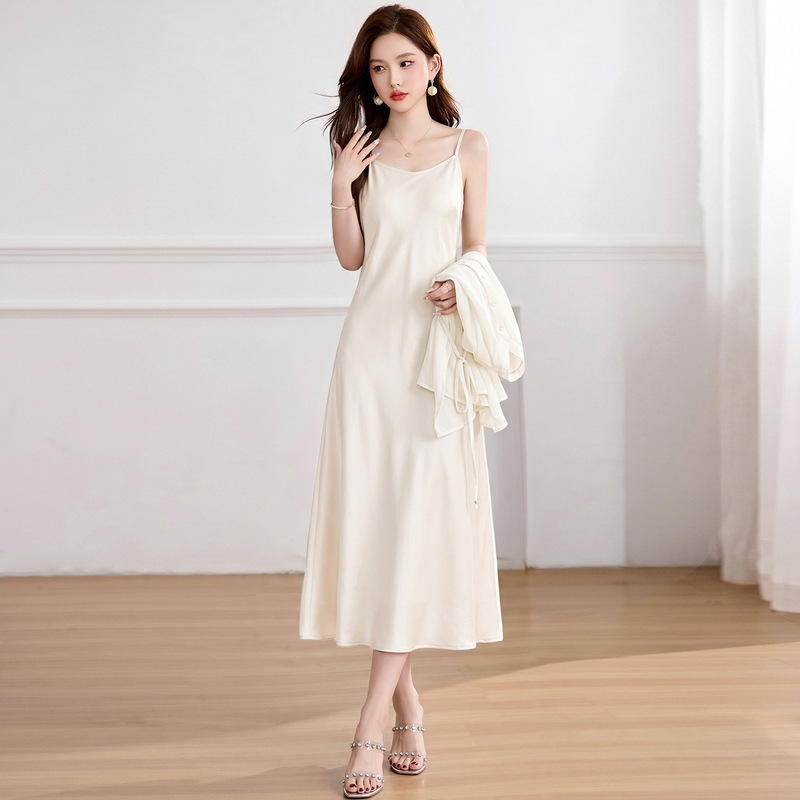 2026 Summer New Style Elegant Waist-Cinching Solid Color Suspender Long Dress Paired with Tie-Up Shirt Two-Piece Dress Set Jx2636