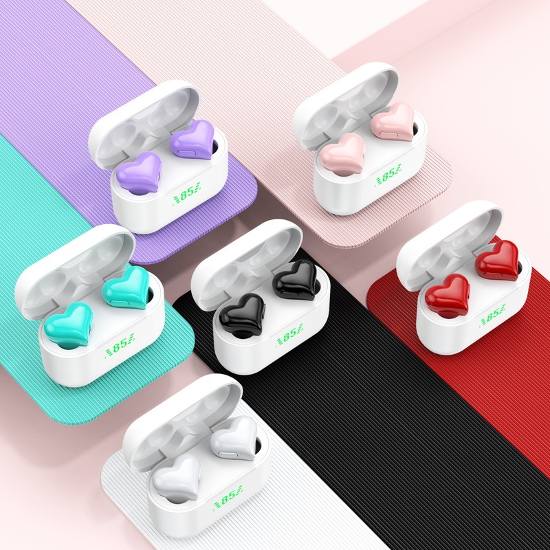Heart-shaped wireless Bluetooth earphones for girls, in-ear mini cute heart design with charging case, available in multiple colors
