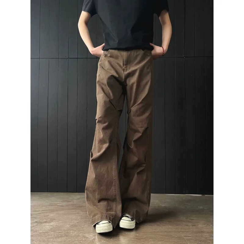 Mist blue pleated curved hem work pants for men, autumn style, American high-end feel, cleanfit slightly flared jeans Mist blue pleated curved hem work pants for men, autumn style, American high-end feel, cleanfit slightly flared jeans