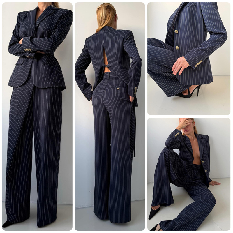 European and American Cross-Border Women's Fashion 2026 Navy Blue and White Pinstripe Single-Breasted Blazer High-Waisted Wide-Leg Trousers Two-Piece Set European and American Cross-Border Women's Fashion 2026 Navy Blue and White Pinstripe Single-Breasted Blazer High-Waisted Wide-Leg Trousers Two-Piece Set