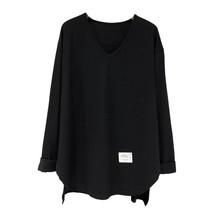 长袖t恤女秋装新款韩国ulzzang宽松V领韩范中长款不对称上衣服